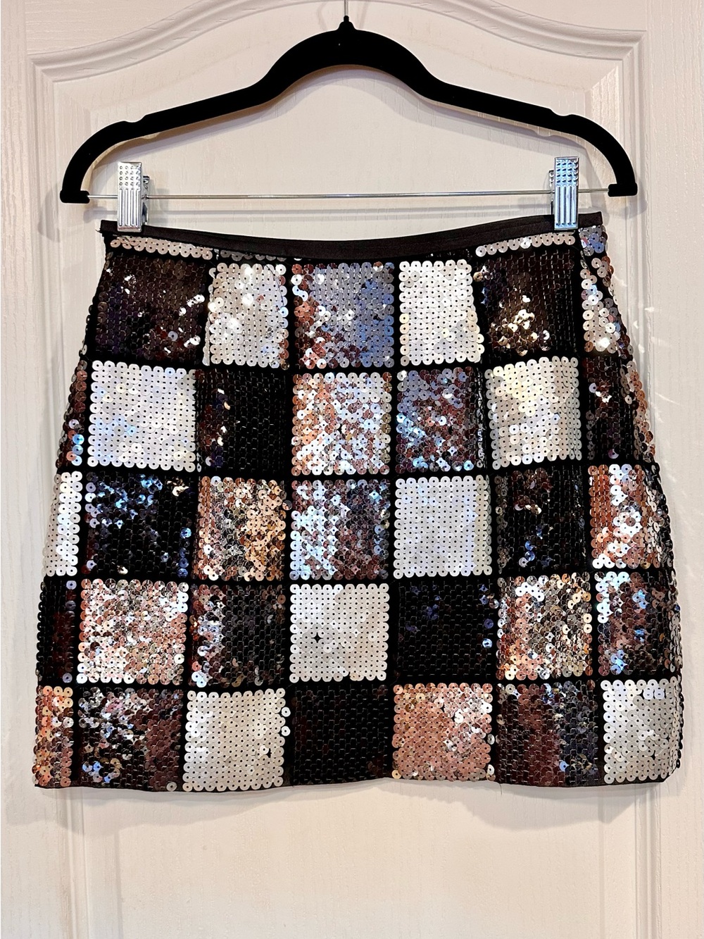 MODA INTERNATIONAL Sequin Checkered Mini Skirt - Black, Silver & Gray